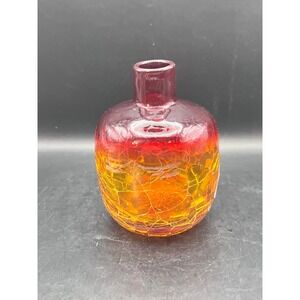 Vtg MCM Blenko Crackle Glass Bud Vase Red Amber Orange Ombre Glows! 5.25"